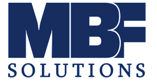 Logo with large blue letters MBF above the word SOLUTIONS in smaller blue capital letters on a white background.