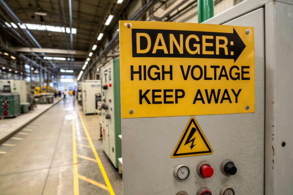 Yellow sign on electrical panel reads Danger: High Voltage, marking Industrial Safe Zones in a factory with machinery behind.