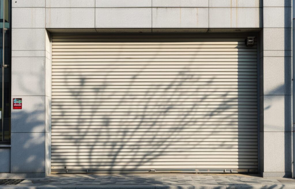 A closed, beige High Speed Door with tree branch shadows, set in a gray stone building.