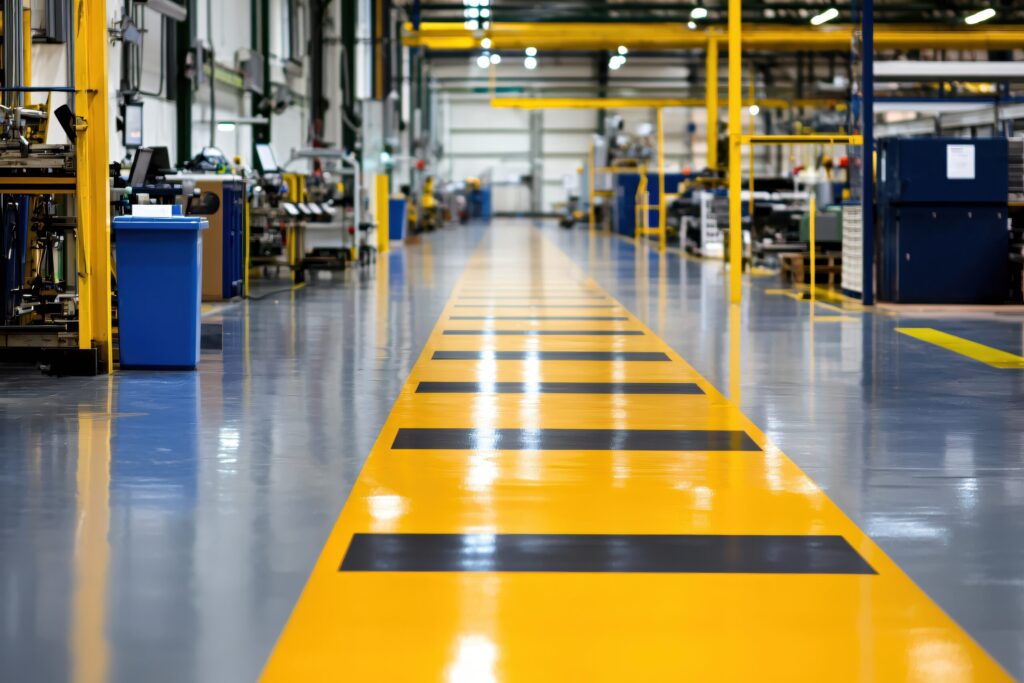 Wide aisle in a clean, modern factory with Industrial Safe Zones marked by yellow and black on the shiny floor, surrounded by machinery.